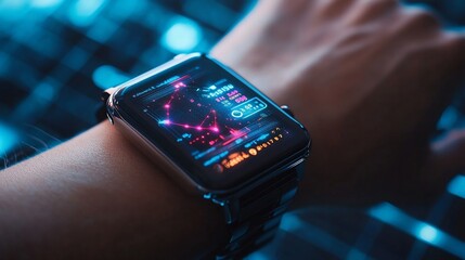 Poster - A futuristic smartwatch displaying a cosmic-themed interface on a wrist.