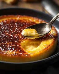 Wall Mural - A close-up of a creamy dessert with a caramelized top, served with a spoon.