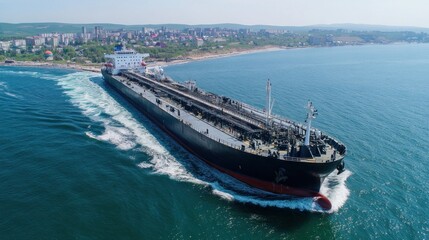 Poster - Aerial view of a large tanker ship navigating through calm waters near a coastal town.