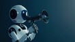 © Kerah - Futuristic humanoid robot with shining black eyes holding a megaphone on dark blue background