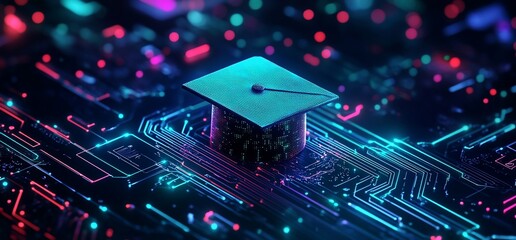 Aufkleber - A graduation cap on a vibrant circuit board, symbolizing education and technology.