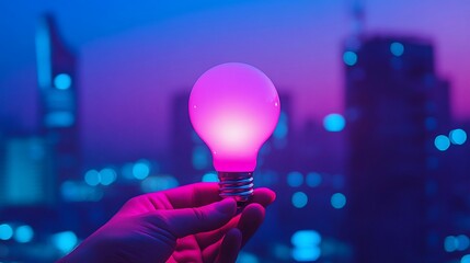 Poster - A hand holding a glowing pink light bulb against a city skyline at dusk.