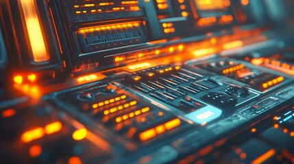Poster - Futuristic control panel with orange and blue lights.