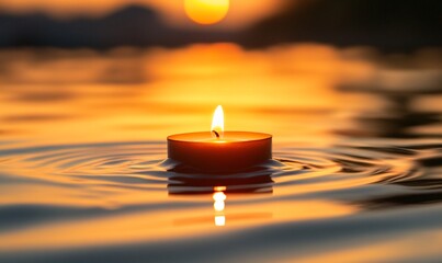Aufkleber - A lit candle floating on water at sunset, creating a tranquil atmosphere.