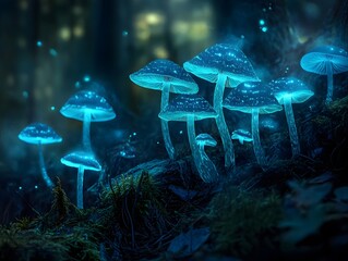 Poster - Enchanted Forest with Glowing Mushrooms Illuminating a Mystic Night, Soft Light and Whimsical Atmosphere Create an Otherworldly Scene in Nature