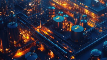 Poster - Aerial view of a vibrant industrial complex with illuminated tanks and pipelines at night.