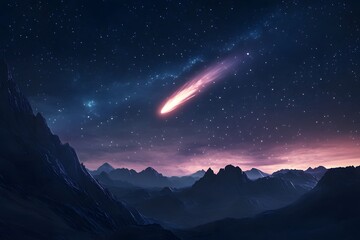 Poster - Awe-Inspiring Cosmic Landscape with Bright Comet Lighting Up the Night Sky Over Majestic Mountain Range Under a Starry Background