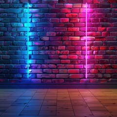 Poster - two neon lights, one pink and one blue, illuminate a brick wall and wooden floor in an empty room