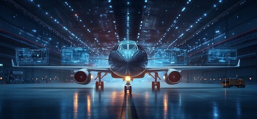 Poster - A modern aircraft in a high-tech hangar, illuminated by blue lights.