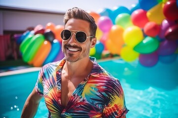 Wall Mural - Portrait of a handsome young man in sunglasses standing in swimming pool with colorful balloons