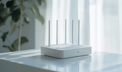 Aufkleber - A modern white Wi-Fi router with multiple antennas on a table.