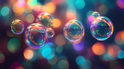 Poster - Colorful Bubbles Floating in a Dreamy Background of Soft Bokeh Lights, Creating a Magical and Whimsical Atmosphere Ideal for Background or Decorative Use