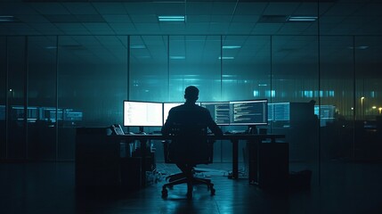 Poster - A person working at a desk with multiple monitors in a dimly lit office.