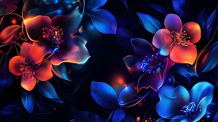 Poster - Vibrant Floral Composition in Neon Colors with Blue and Orange Flowers Against a Dark Background for Artistic and Creative Designs
