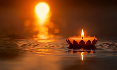Poster - A serene floating candle in water with a warm sunset backdrop.