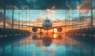 Aufkleber - A serene airport scene featuring a plane against a vibrant sunset backdrop.
