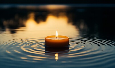 Poster - A serene candle floating on water, illuminated by a warm glow at sunset.