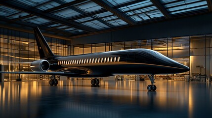 Poster - A sleek black jet inside a modern hangar, showcasing luxury transport.
