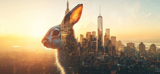 Aufkleber - A surreal blend of a rabbit silhouette and a city skyline at sunset.
