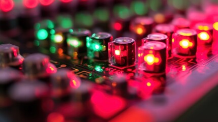 Aufkleber - Close-up of a circuit board with illuminated LEDs in red and green colors.