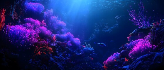 Aufkleber - Vibrant Underwater Scene Featuring Colorful Coral Reefs and Marine Life Bathed in Ethereal Blue Light Beneath the Ocean's Surface