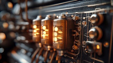 Poster - Close-up of glowing vacuum tubes and circuitry, showcasing vintage electronic technology.