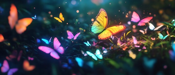 Aufkleber - Colorful butterflies fluttering gracefully in a vibrant garden filled with soft light, magical bokeh, and lush greenery, creating a serene and enchanting atmosphere of nature's beauty.