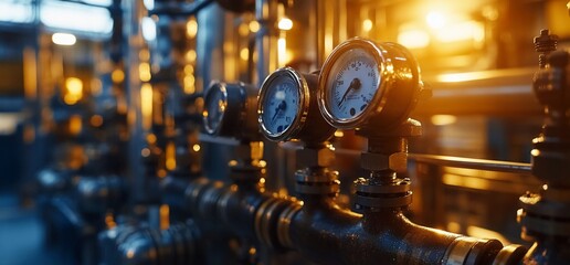 Poster - Industrial gauges and pipes illuminated by warm light in a factory setting.