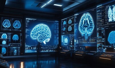 Poster - High-tech lab displaying brain imaging and neural data on screens.