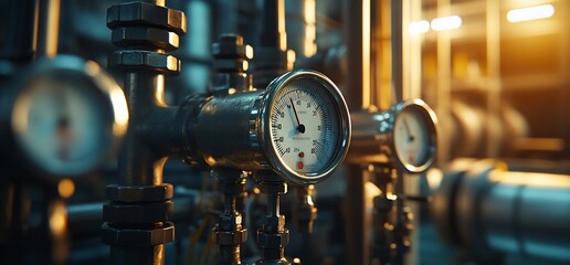 Poster - Industrial pressure gauges in a factory setting with pipes and valves.