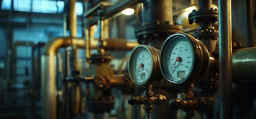 Poster - Industrial gauges and pipes in a machinery setting.