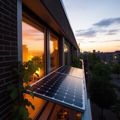 Wall Mural - Solar Panel Installed on Balcony of Apartments with Warm Lighting at Sunrise in Brussels, Belgium