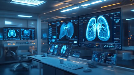 Poster - Medical imaging room displaying lung X-rays on multiple screens.
