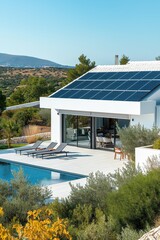 Wall Mural - White Suburban Home with Solar Panels on Roof and Swimming Pool on Sunny Day in Cyprus