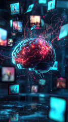 Poster - surreal depiction of brain emitting energy, surrounded by floating screens. vibrant colors and dynamic visuals evoke sense of creativity and