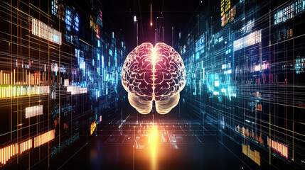 Fototapete - stunning image of glowing brain illuminated by vibrant data streams, showcasing fusion of technology and human intellect