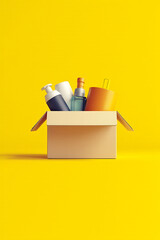 Aufkleber - Yellow background showcases a group of products in a box to illustrate various business ecommerce and online shopping concepts._00001_