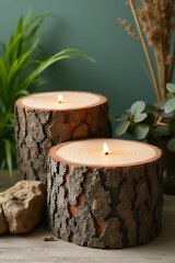 Poster - Wooden tree stumps can be used as decorative displays in natural settings with a subtle background and transparent design concept._00001_