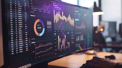 Poster - A modern digital dashboard showcasing interactive business statistics, with floating pie charts, bar graphs, and numerical metrics visualizing revenue growth in real-time.