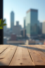 Aufkleber - Wooden table top with selective focus on a blurred cityscape through window glass in the background._00002_