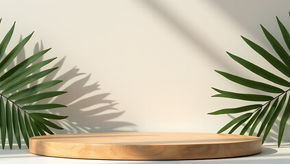 Aufkleber - Wooden table or product display platform design features a silhouette of a palm leaf against a textured wall background._00001_