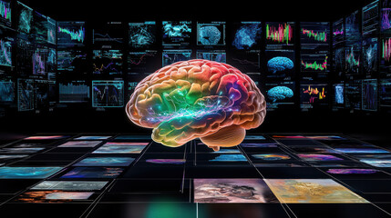 Poster - vibrant brain surrounded by data visualizations and colorful graphics, symbolizing intelligence and technology