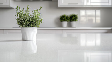 Poster - modern kitchen featuring clean design with potted herbs on countertop, creating fresh and inviting atmosphere