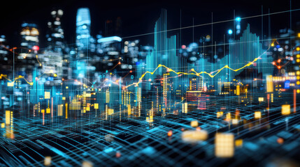 Poster - Digital cityscape with glowing data visualizations and graphs