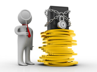 Poster - 3d rendering Gold coins with locker near business man
