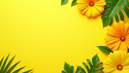 Poster - Vibrant tropical leaves are arranged on a bright sunny yellow background with subtle white space to create visual harmony._00002_