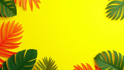 Poster - Vibrant tropical leaves are arranged on a bright sunny yellow background with subtle white space to create visual harmony._00001_
