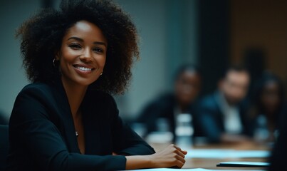 Aufkleber - A confident woman smiles during a business meeting at a conference table.