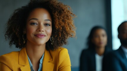 Aufkleber - A confident woman smiles in a professional setting with colleagues in the background.