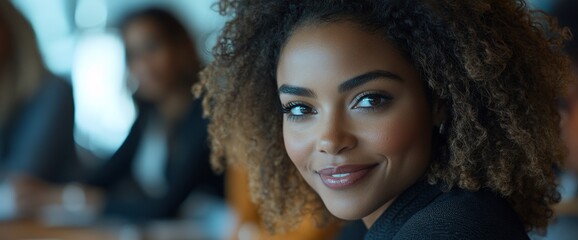 Aufkleber - A confident woman smiles while seated in a business meeting environment.